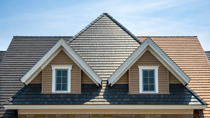 Symmetrical view of gabled roof with two tone tile under clear blue sky, showing architectural detail and clean lines in residential building exterior
