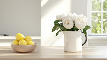 Elegant Kitchen Still Life with Lemons and Peonies peonies flowers floral arrangement white flowers