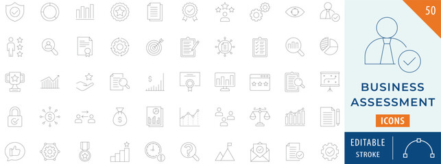 Business assessment icon collection set. Containing inspection, analysis, report, checking,survey, and more. Editable stroke.