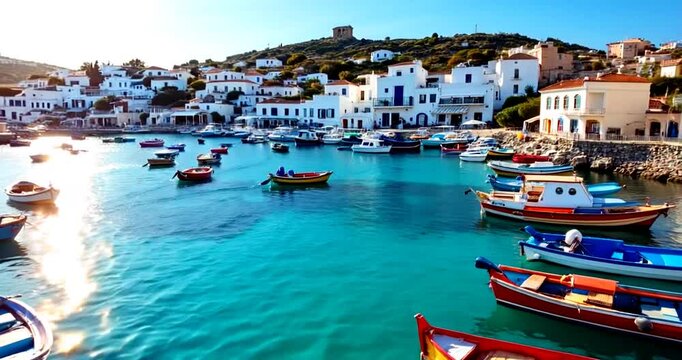 Colorful Boats Floating in Crystal Blue Greek Harbor