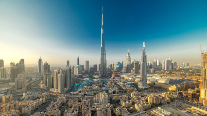 Dubai Downtown at evening timelapse view from the top in Dubai, United Arab Emirates
