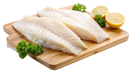 Fresh Cod Fillets on a Wooden Cutting Board with Lemon and Parsley