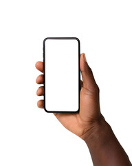 Black man hand holding smartphone with blank screen isolated on transparent background