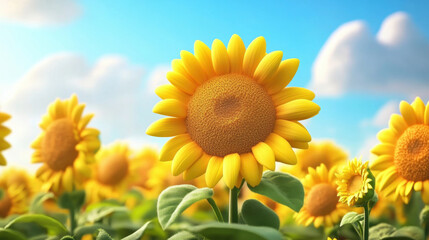 Obraz premium Summer sun over the cute sunflower field. sun flower against a blue sky. 3d illustration. 