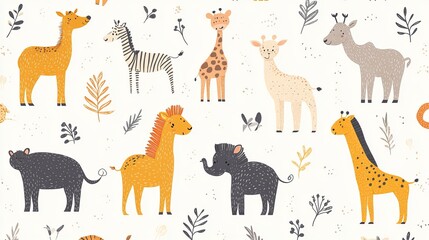 Obraz premium Colorful Seam Pattern Featuring Various Animals and Plants Set Against a Bright and Playful Background