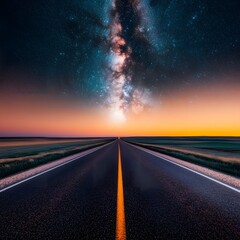 Naklejka premium Majestic Milky Way Galaxy Over Asphalt Road at Sunset Endless Journey Towards the Horizon