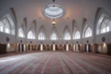 Obraz premium Blurry photo of mosque interior pillars and windows, suitable for various setting backgrounds or wallpapers