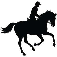 A black silhouette of a rider on a horse, with both in motion, capturing the elegance and energy of equestrian sport