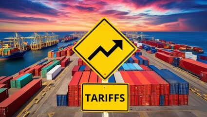 US Tariffs against the EU and the world. Economic Tariff Concept. Crisis, Trade and Economic War. Trading containers at the port with yellow traffic signs.