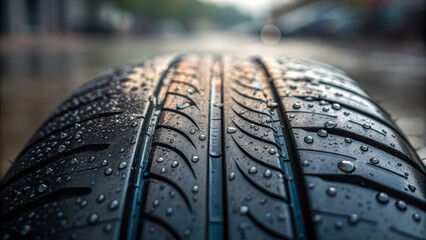 Tire rubber detail with water droplets on surface showing texture and pattern in close up photography with soft background light