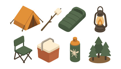 Camping essentials icons set &ndash; tent, sleeping bag, lantern, cooler, trees, campfire