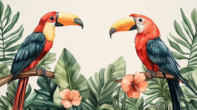 Two Colorful Birds Perched Gracefully on a Branch in a Lush Green Forest Surrounded by Nature's Beauty