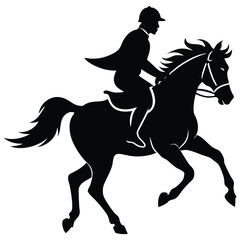 A black silhouette of a rider on a horse, with both in motion, capturing the elegance and energy of equestrian sport
