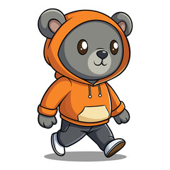 Cartoon Gray Teddy bear with orange hoodie walking isolated on white background