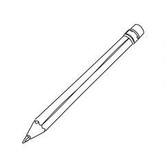A minimal line drawing shows an angled wooden pencil featuring sharpened tip and rubber eraser on the end, set against stark white background.