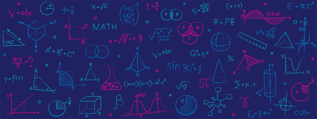 A science and math education background. A seamless pattern of hand-drawn chalk doodles with formulas and icons from physics, chemistry, geometry on a dark blue chalkboard for a school or university.
