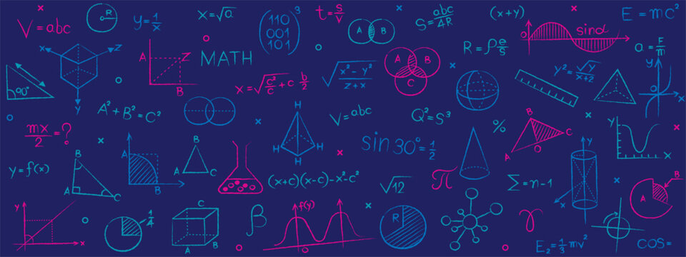 A science and math education background. A seamless pattern of hand-drawn chalk doodles with formulas and icons from physics, chemistry, geometry on a dark blue chalkboard for a school or university.