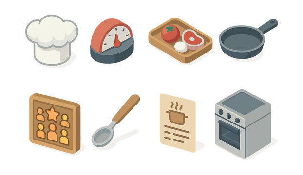 Cooking challenge icons set – chef hat, timer, ingredients, pan, recipe, oven, spoon, rating