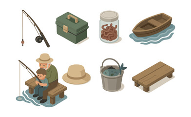 Fishing icons set &ndash; rod, tackle box, worms, boat, fishing hat, bucket, bench