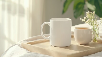 Obraz premium Morning Calm: Coffee and Tea on Bed Tray with Natural Light morning coffee tea mug cup drink bed zen