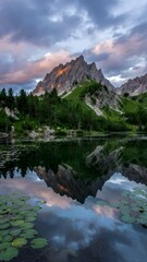 A photograph of a tranquil mountain lake bathed in the warm hues of sunset. Dominating the left side of the frame is a jagged mountain peak, its upper slopes illuminated by a golden light .