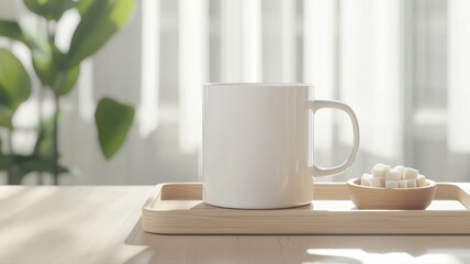 Fototapeta premium Morning Coffee Still Life with Sugar Cubes and Plant Decor coffee mug sugar cubes breakfast morning