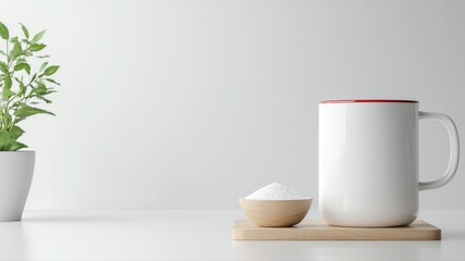 Minimalist Still Life: White Mug, Sugar, and Plant on White Table minimalist still life white mug