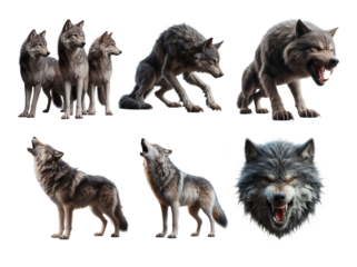 Pack of gray wolves on white