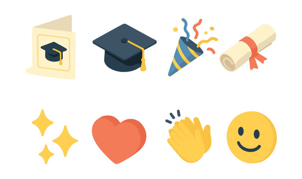 Graduation celebration icons set &ndash; cap, diploma, confetti, heart, smile