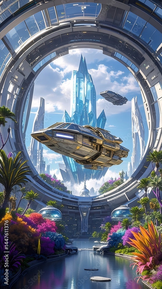 Aufkleber 未来的な宇宙船が輝く青い空を背景に庭園都市を飛行 鮮やかな色と風景を伴う壮大なビジョン
