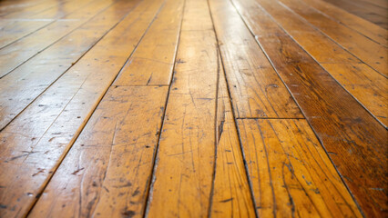 Worn wooden floor with scratches and natural texture in warm brown tones, showing vintage style and high fidelity detail in close up perspective