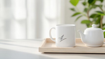 Obraz premium Morning Tea Set: White Mug & Pot on Wooden Tray tea set mug teapot beverage white wooden tray clean
