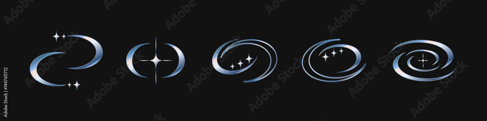 Poster retro y2k metallic symbols and shapes, futuristic abstract frames and symbols with blinking stars. v