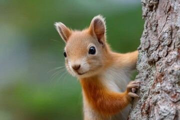 Obraz premium Cute Squirrel Peeking From Tree Trunk