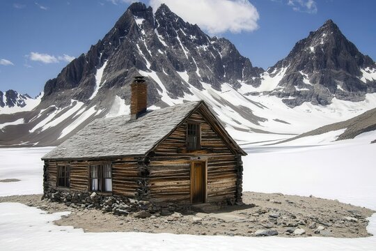 Rustic cabin nestled amidst snowy peaks