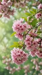 Delicate pink cherry blossom, vibrant green leaf backdrop , background, gentle
