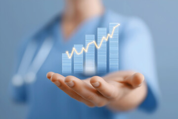 A healthcare professional presents a digital bar graph with a rising trend, symbolizing medical growth or success.