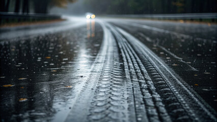 Wet tire track on rainy road with visible water dispersing and blurred headlights in distance, creating moody and reflective atmosphere on asphalt surface