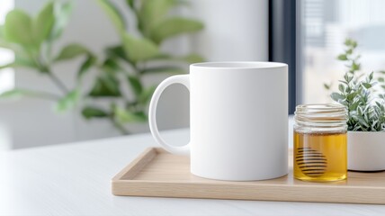 Obraz premium Cozy Morning: Mug, Honey, and Plant on Wooden Tray mug honey honey jar wooden tray plant greenery