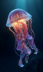 Iridescent jellyfish dances gracefully in dark waters illuminating the deep ocean with its luminescence