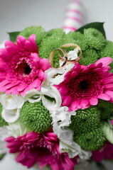 Vibrant Wedding Floral Arrangement with Pink Green and White Fresh Blooms..