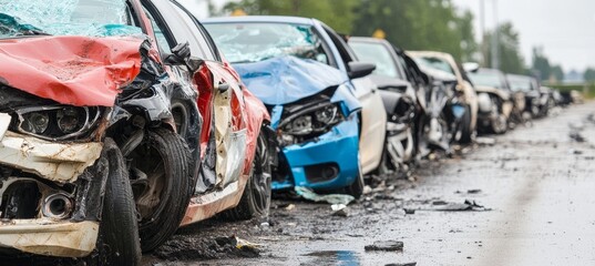 Wrecked Cars in a Row After Accident, Damaged Vehicles, Insurance Claim, Total Loss Salvage