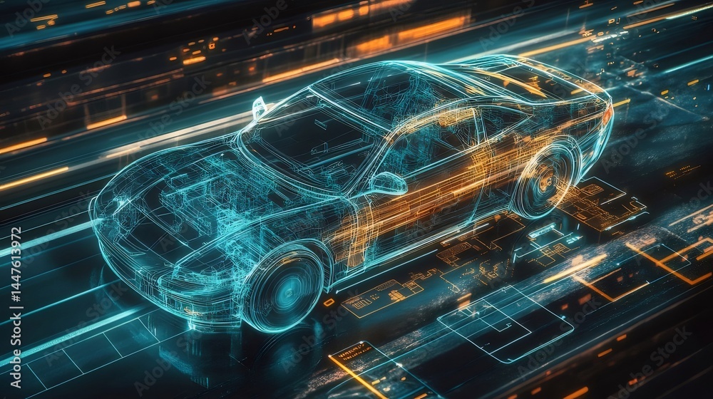 Aufkleber 未来的なデジタル自動車の青とオレンジ色の輝く光によるデータ表現都市背景