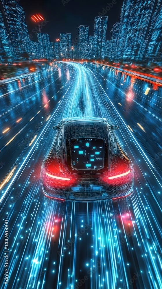 Poster 青い光の中で未来的な都市を疾走する車 未来都市の夜景の中で光の道を行くテクノロジーデザイン