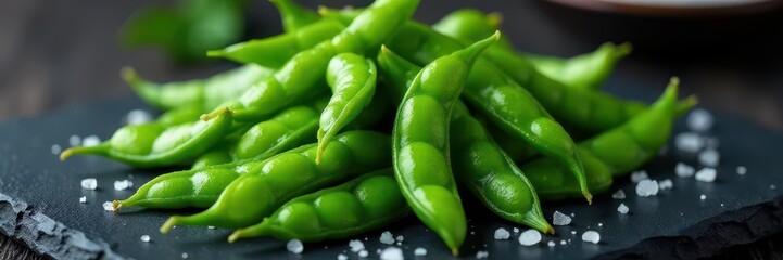 Vibrant green edamame on black slate, sprinkled with sea salt , healthy, organic
