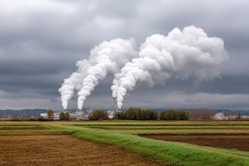Factory Smoke Plumes Over Field Under Cloudy Sky