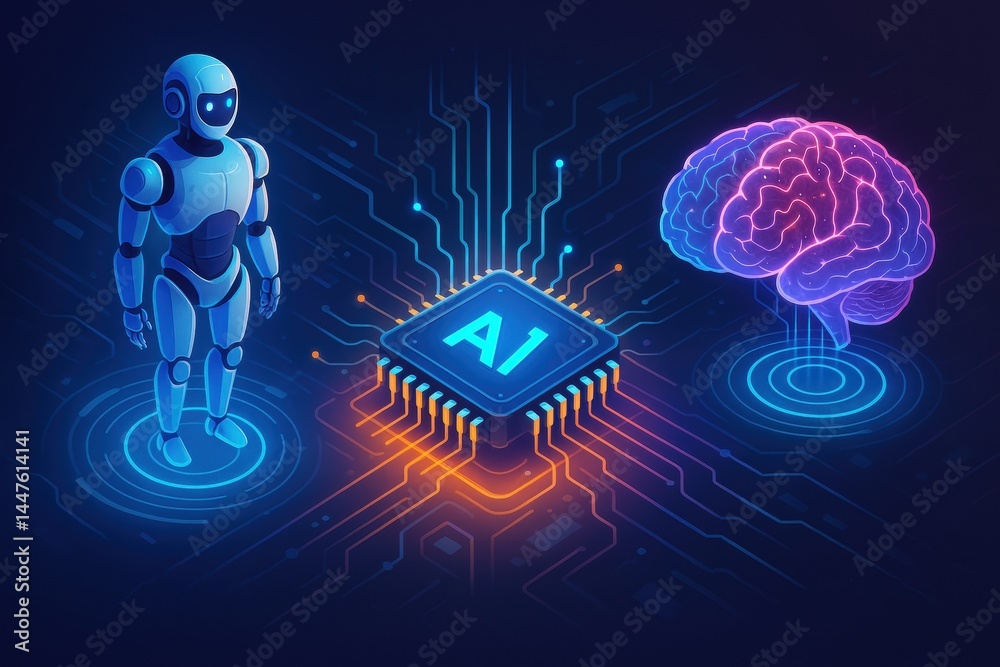 Poster Conceptual Representation of Artificial Intelligence Advancements With a Robot, Brain, and Microchip in a Digital Environment