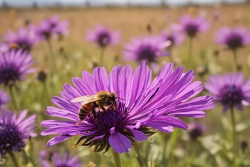 Obraz premium A bee lands on a vibrant purple flower in a sun-drenched field , blossom, ecology, bloom