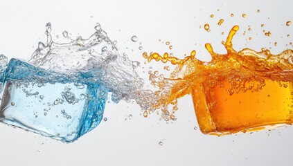 Icy cubes in water,  with splashes of contrasting colors,  in motion