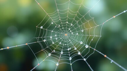 Fototapeta premium A delicate spiderweb glistens with morning dew, each droplet creating a miniature lens in this